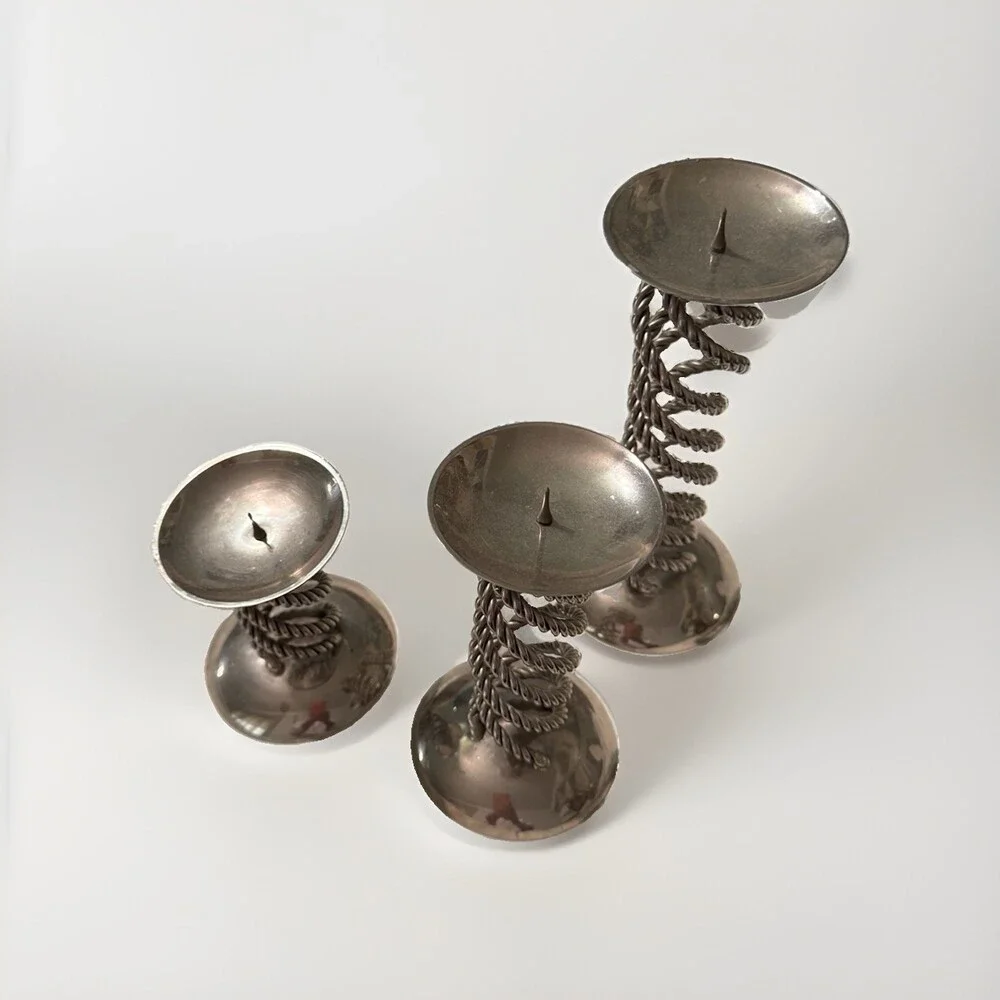 Lot of 3 Vintage Twisted Wire Spring Taper Candlestick Holder MCM